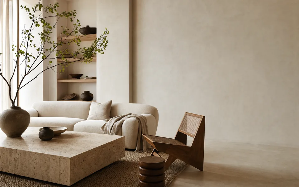 Fictional Atelier Nami room with oak, linen, clay and soft daylight.
